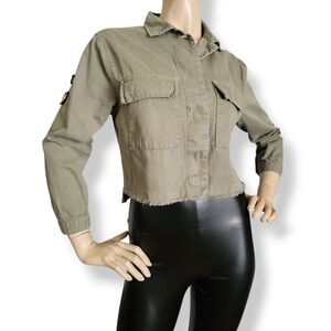 Subdued Army Green Raw Hem Side Patch Cropped Utility Jacket Size Small